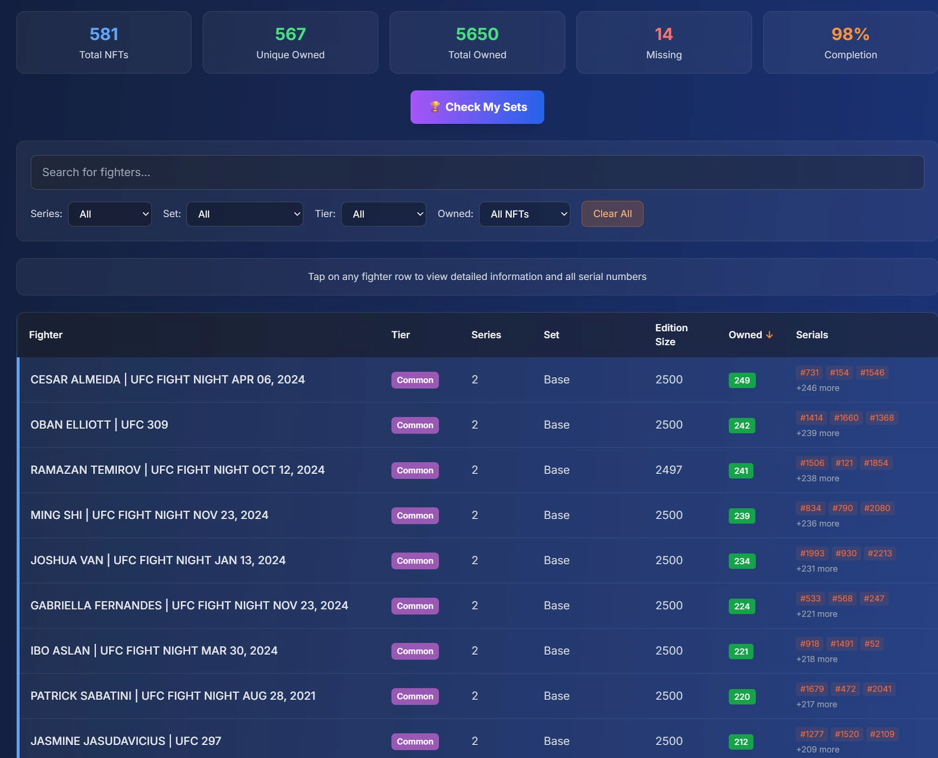 Dashboard showing collection stats: 567 unique fighters owned, 98% completion, with detailed fighter list including serial numbers and missing cards
